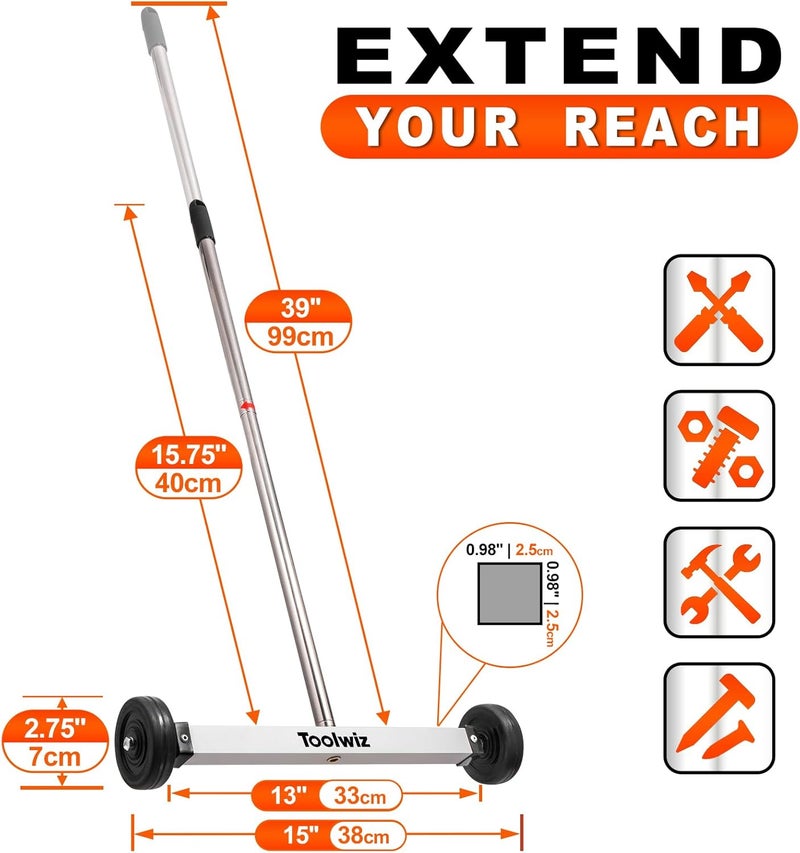 Toolwiz Magnetic Pick Up Sweeper 15-inch Heavy Duty Magnet Pickup Lawn Sweeper Roofing Tools, 10 Lbs Yard Tools with Telescoping Holder and Wheels to Clean Nails Adjustable Handle for Construction - Image 4